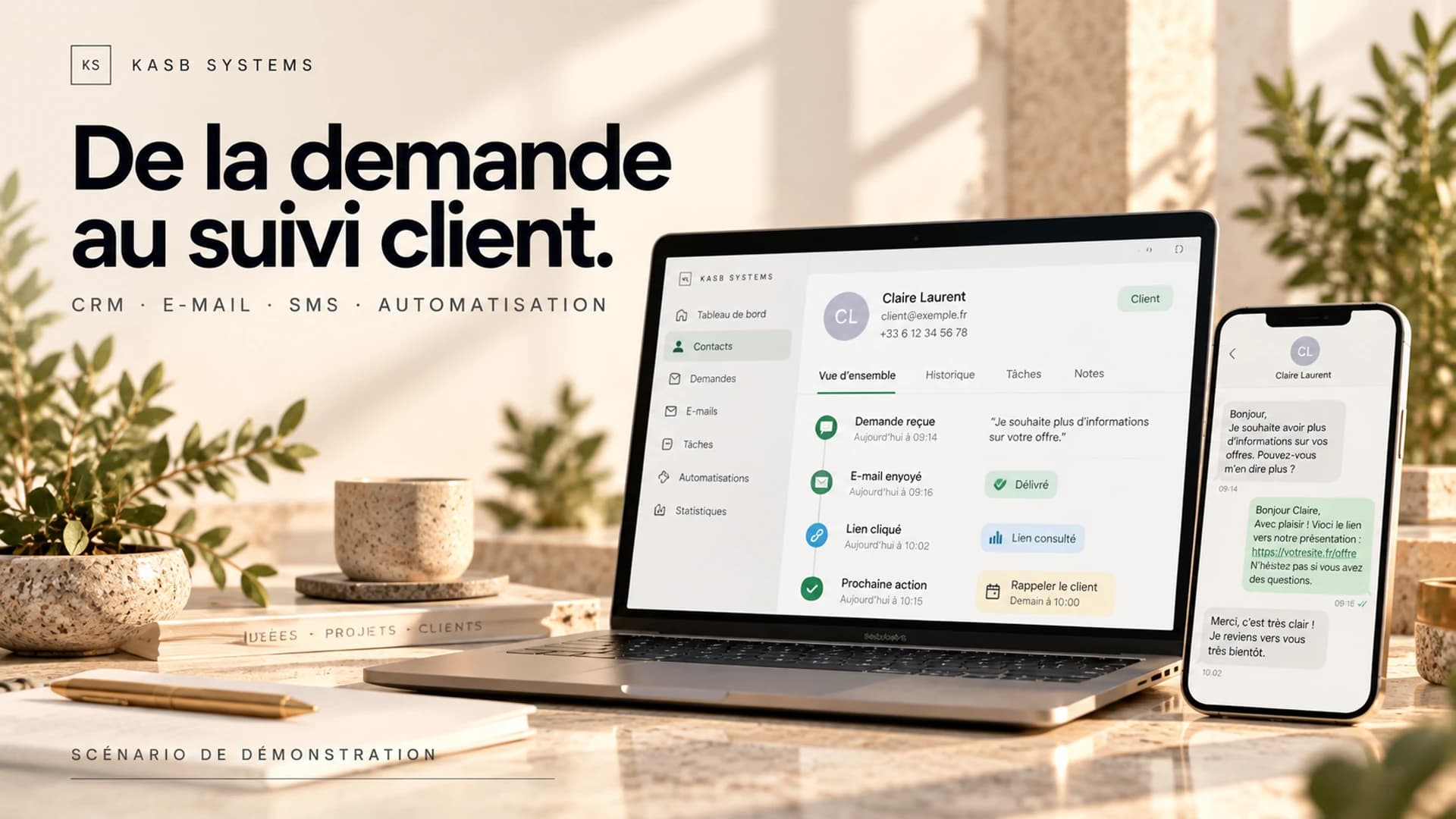 Ordinateur affichant une fiche CRM avec demande reçue, e-mail délivré, lien cliqué et prochaine action, à côté d’un smartphone montrant un échange SMS. Illustration du suivi client KASB Systems.