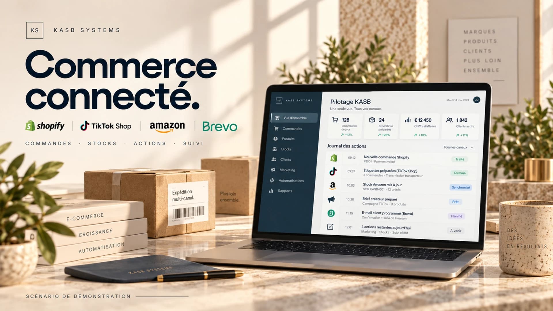 Ordinateur portable affichant le pilotage KASB avec Shopify, TikTok Shop, Amazon et Brevo, entouré de colis sur un bureau lumineux. Illustration du commerce connecté KASB Systems.