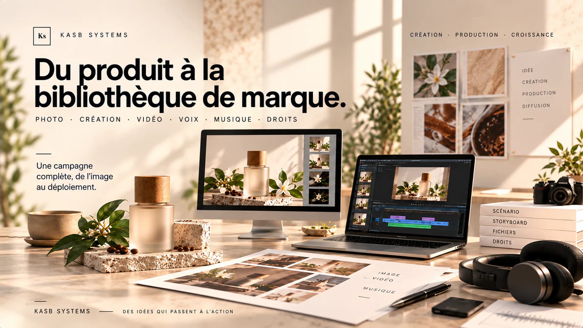 Studio de production KASB Systems montrant un produit, ses visuels, un montage vidéo, un storyboard et les livrables d’une campagne publicitaire.