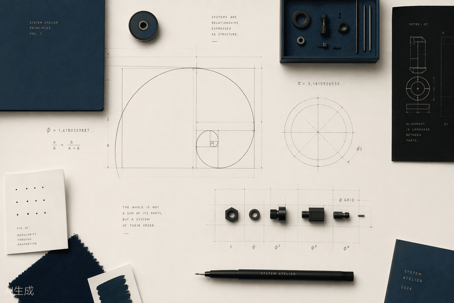 L'atelier système : plan de travail vu de dessus : diagrammes, rectangles d'or tracés au trait fin, cercles π, notes en écriture mono, composants rangés en grille φ.