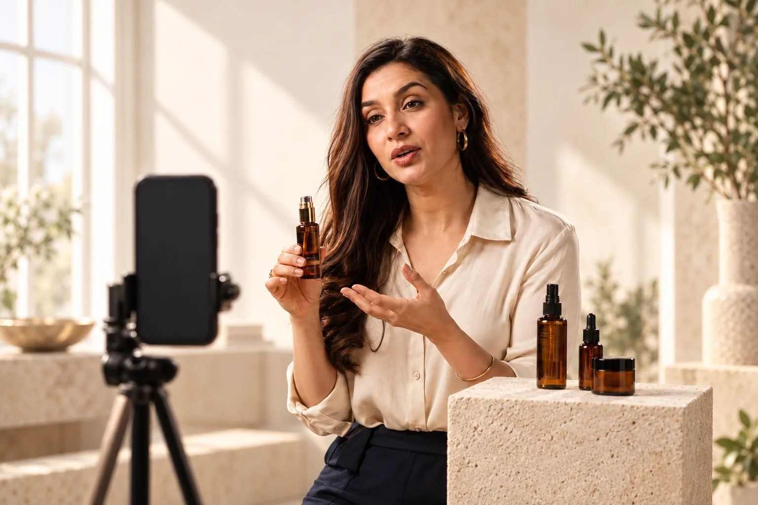 Scène illustrative : une entrepreneuse présente un produit devant la caméra d’un live commerce