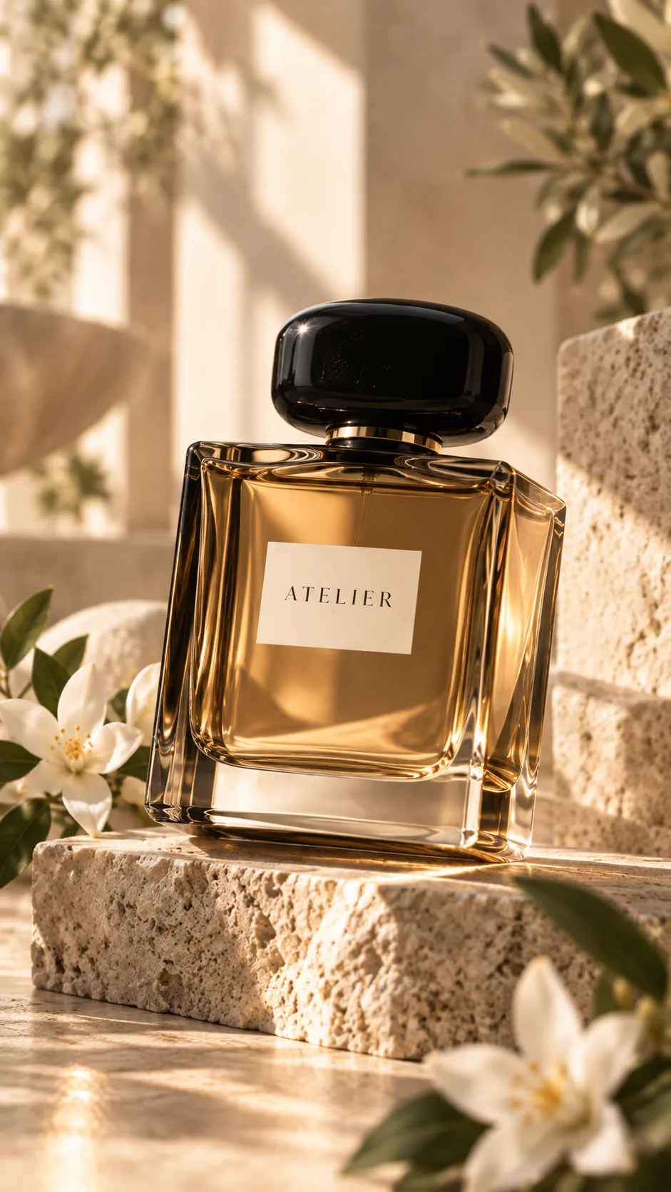 Flacon de parfum fictif ATELIER posé sur un socle de travertin, lumière chaude et fleurs blanches. Étude créative générée