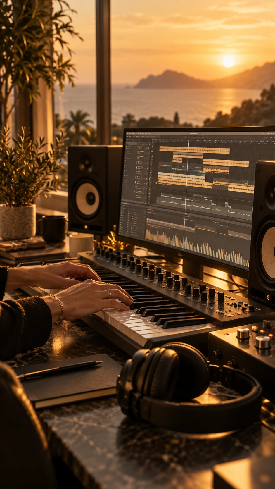 Illustration générée d’une composition musicale : mains sur un clavier MIDI, session audio à l’écran, enceintes et casque de studio.