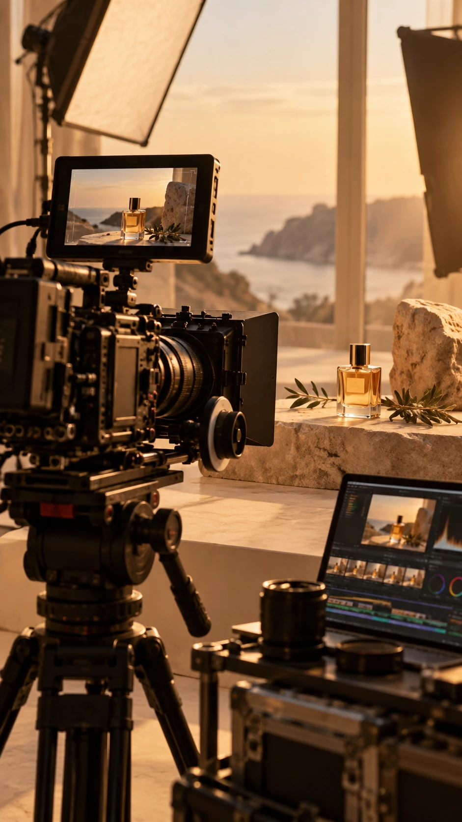 Illustration générée d’un tournage publicitaire : caméra de cinéma filmant un produit, avec moniteur de contrôle et station de montage.